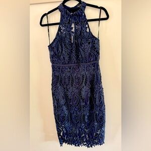 Bardot Lace Crochet Navy Blue Halter Pencil Dress